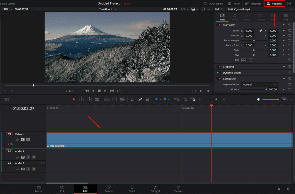 DaVinci Resolve's Edit view, showing how to select the clip in the timeline and open the Inspector panel.