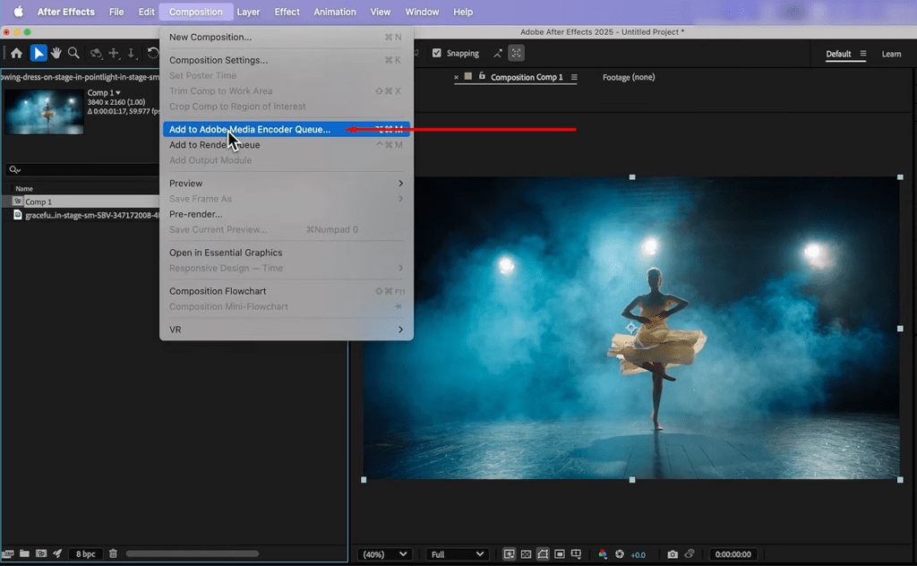 Adobe After Effects' Composition menu, highlighting where to select the Add to Adobe Media Encoder option.