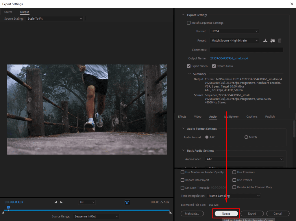 A screenshot of Adobe Premiere Pro showing where to select the Queue option.