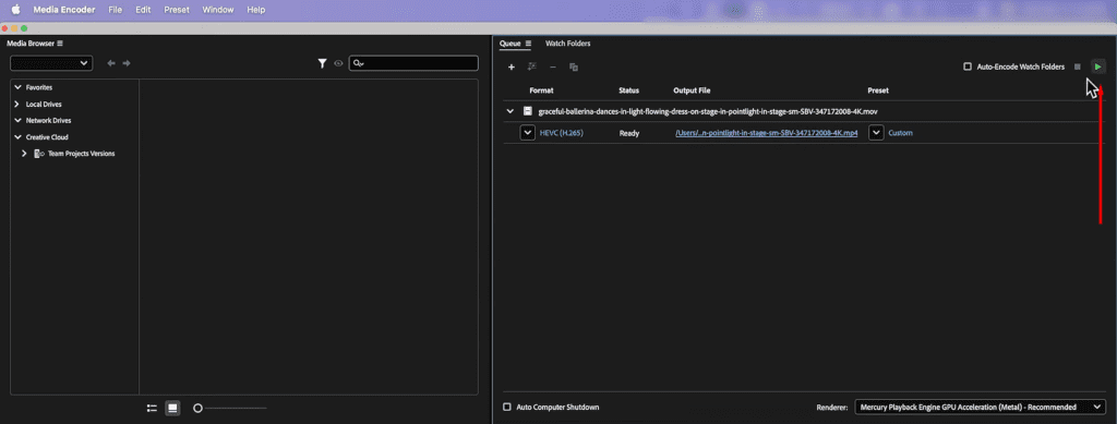 A screenshot of Adobe Media Encoder showing where to find the Play symbol to start encoding your video.