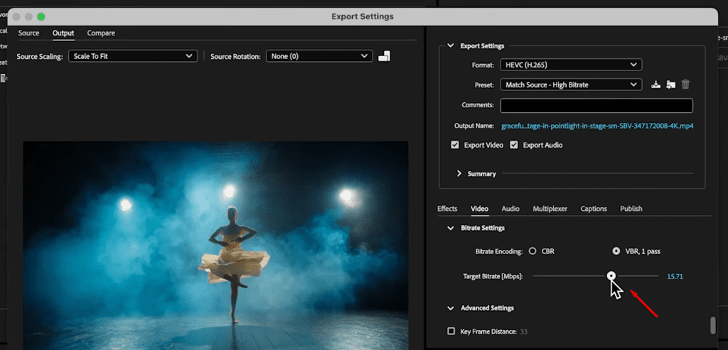 Adobe Media Encoder's Export settings, showing where to set the Target Bitrate.