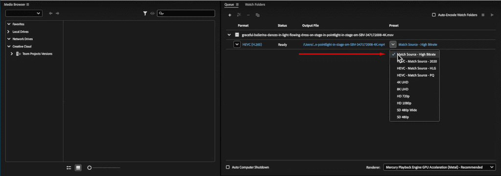 A screenshot of Adobe Media Encoder showing where to select Match Source - High Bitrate.