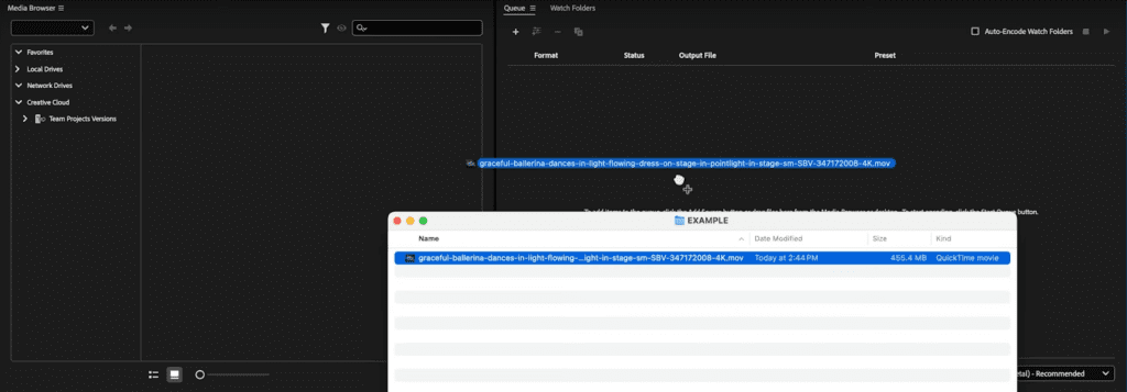 A screenshot of Adobe Media Encoder, showing how to drag and drop a video file into the queue.