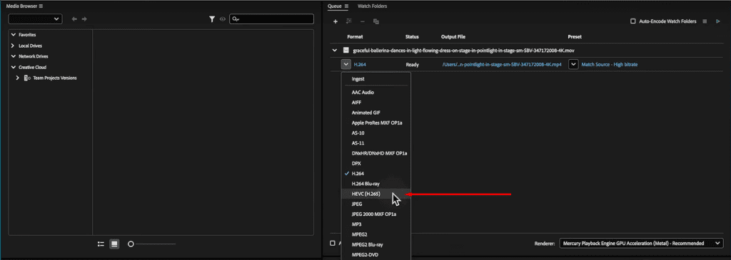 A screenshot of Adobe Media Encoder showing where to select HEVC (H.264).