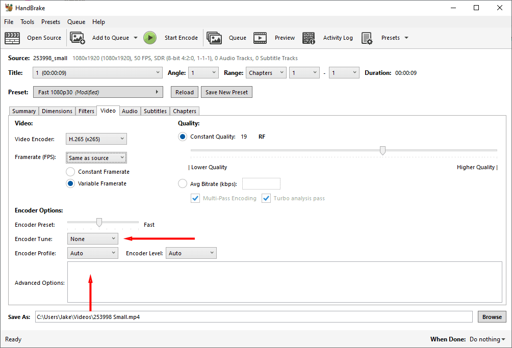 A screenshot of HandBrake showing the best Encoder Options for a H.265 export.