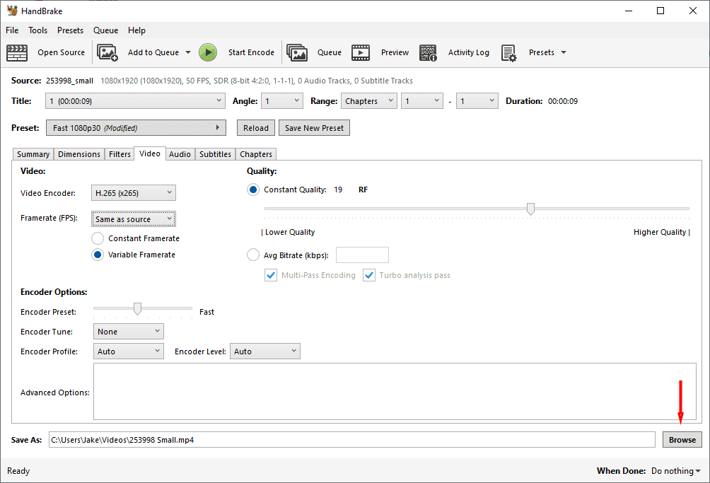 A screenshot of HandBrake showing where to select Browse and export your file.