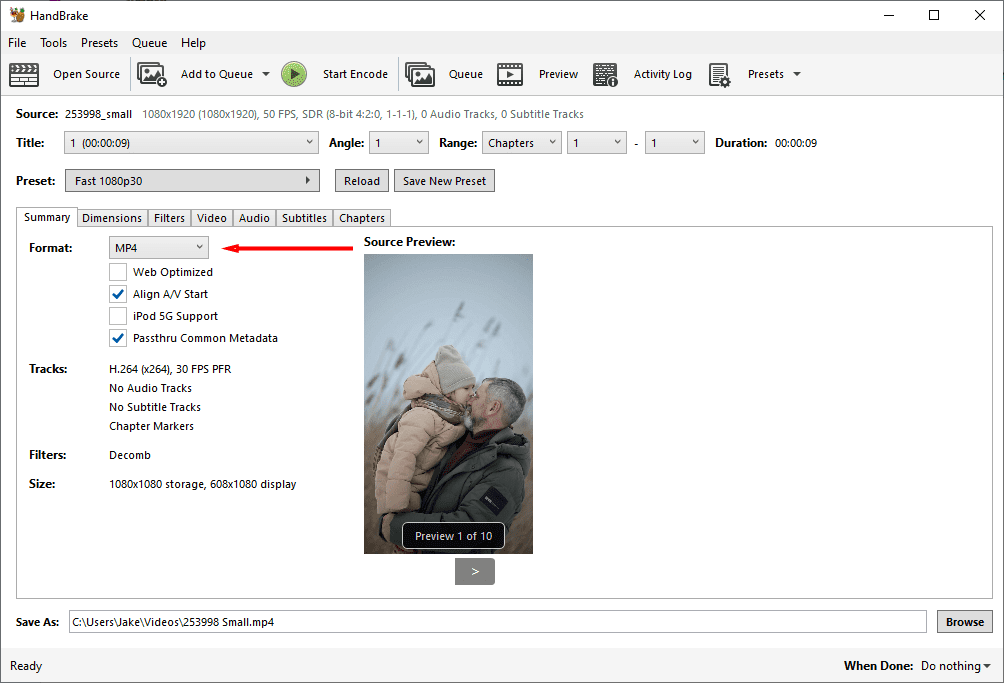 A screenshot of HandBrake showing where to select MP4 from the drop-down menu.