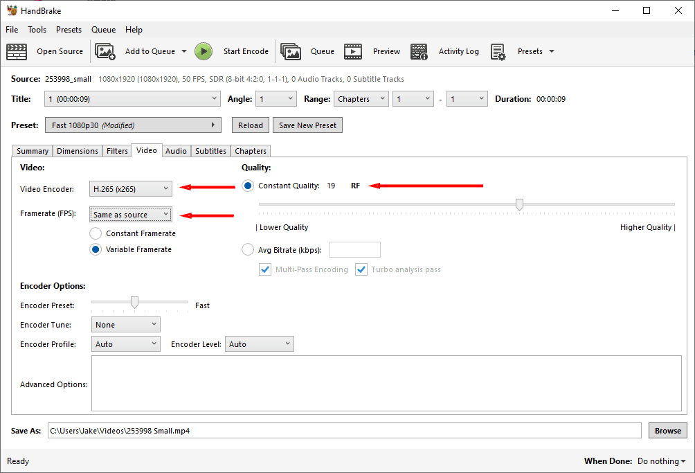 A screenshot of HandBrake showing the best video export settings for small but high-quality file sizes.