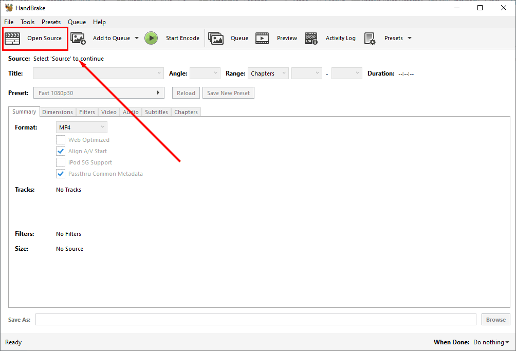 A screenshot of HandBrake showing where to select Open Source.