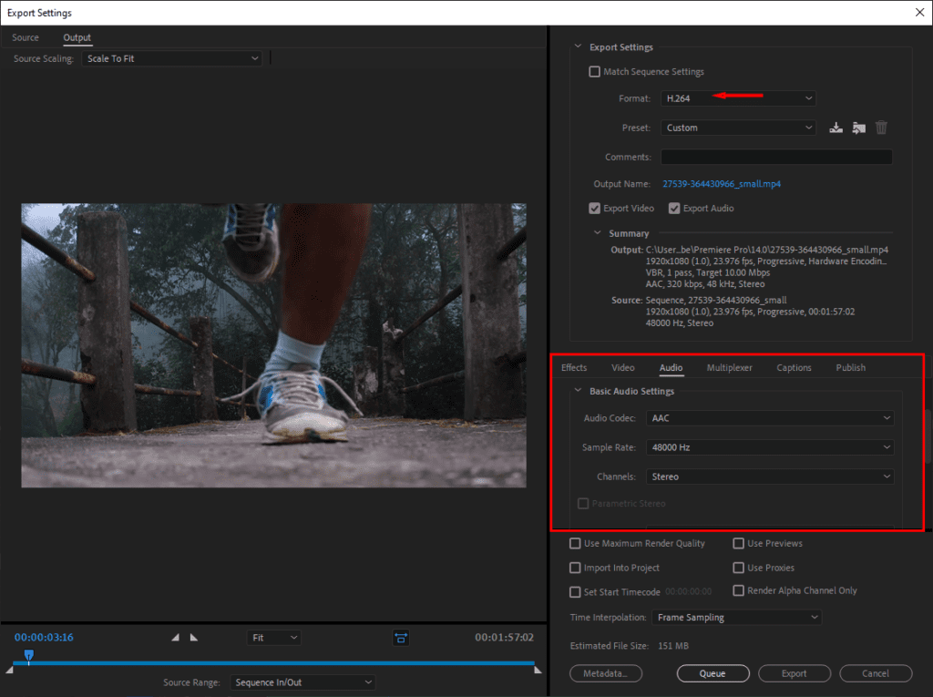 Premiere Pro's audio export settings.