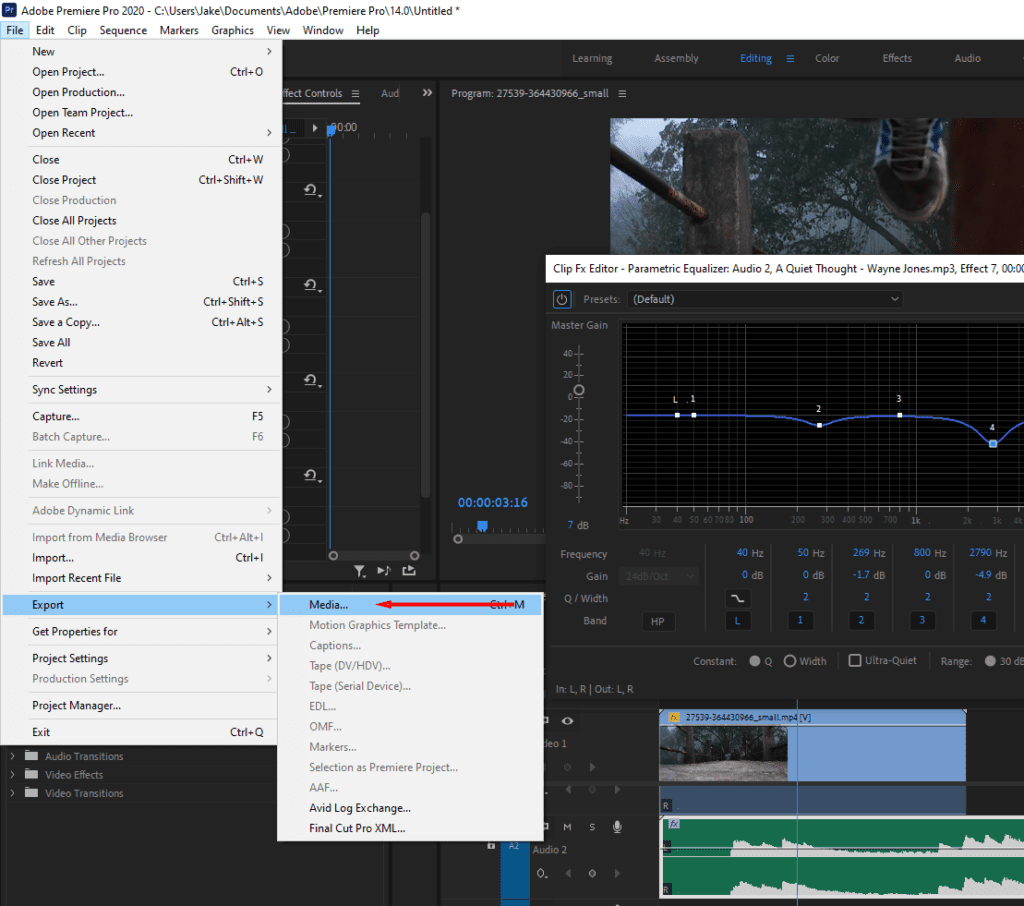 Premiere Pro's File menu highlighting the Export option.
