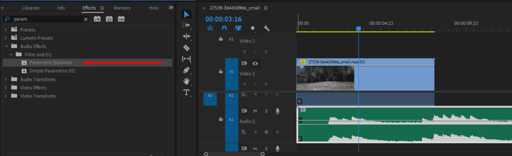 A screenshot of Premiere Pro showing where to apply the Parametric Equalizer effect.