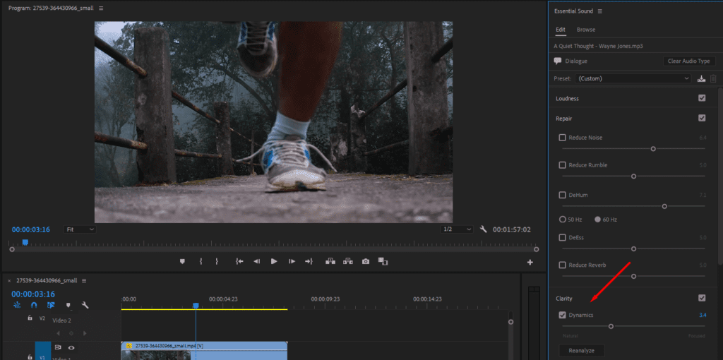 The Essential Sound panel showing where to toggle on the Dynamics effect.