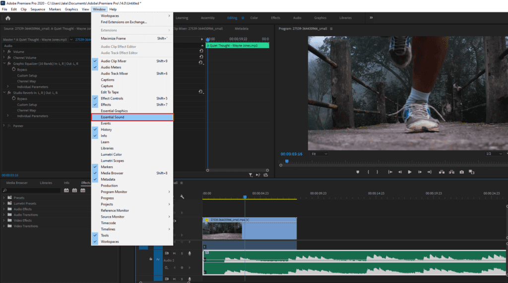 Premiere Pro's Window menu showing the Essential Sound option.