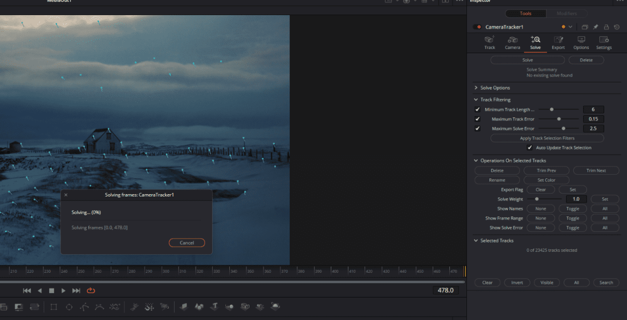 Screenshot of a footage clip in Fusion with active camera tracking and the Solve tab open