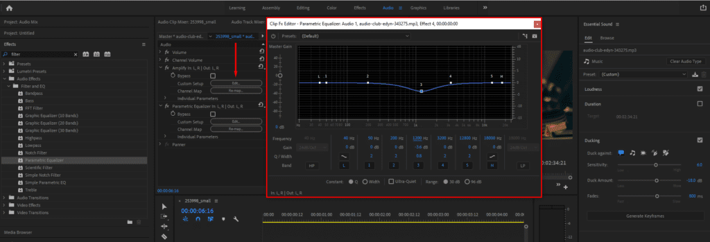 A screenshot of Premiere Pro's Effects Controls panel and Parametric Equalizer settings, highlighting where to find this window and what the recommended settings look like.