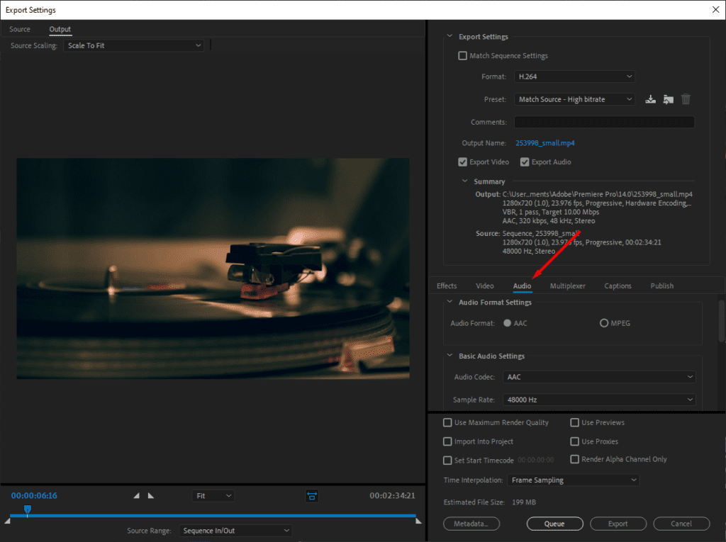 Premiere Pro's Export window, showing the recommended audio export settings.