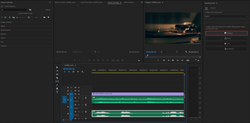A screenshot of Premiere Pro showing how to select your dialogue clips and label them as "Dialogue" in the Essential Sound panel.