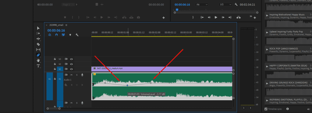 A screenshot of Premiere Pro's Timeline, showing what it's like to create audio key frames and dip the music using the Pen Tool.
