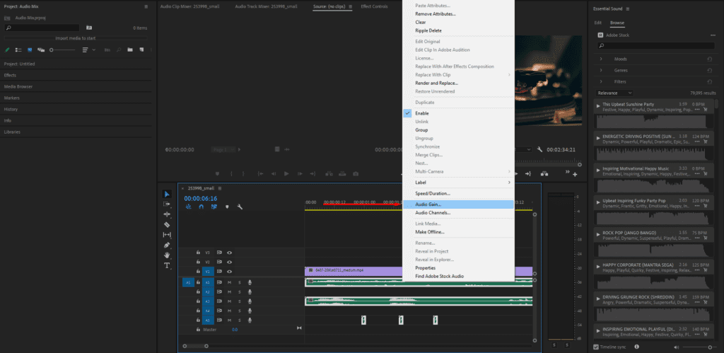 Premiere Pro's Timeline context window, showing how to select Audio Gain settings for your audio clips.