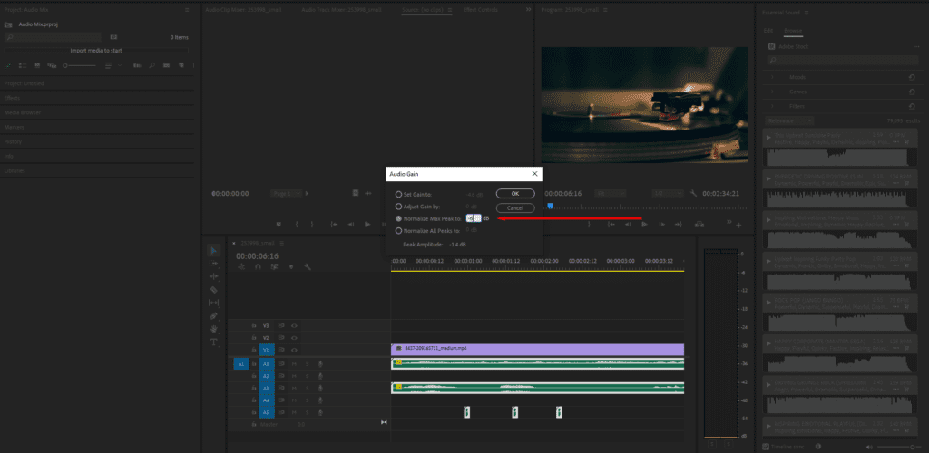 Adobe Premiere Pro's Audio Gain settings, showing how you can normalize the peak to -6 dB.