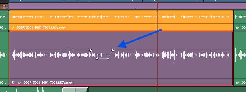 Screenshot of an audio fade in DaVinci Resolve with multiple keyframes to adjust the volume in a section