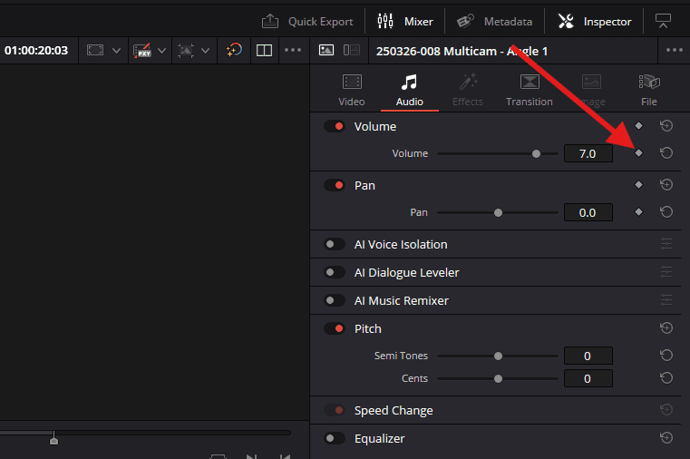 Screenshot of audio settings within the Inspector panel in Resolve