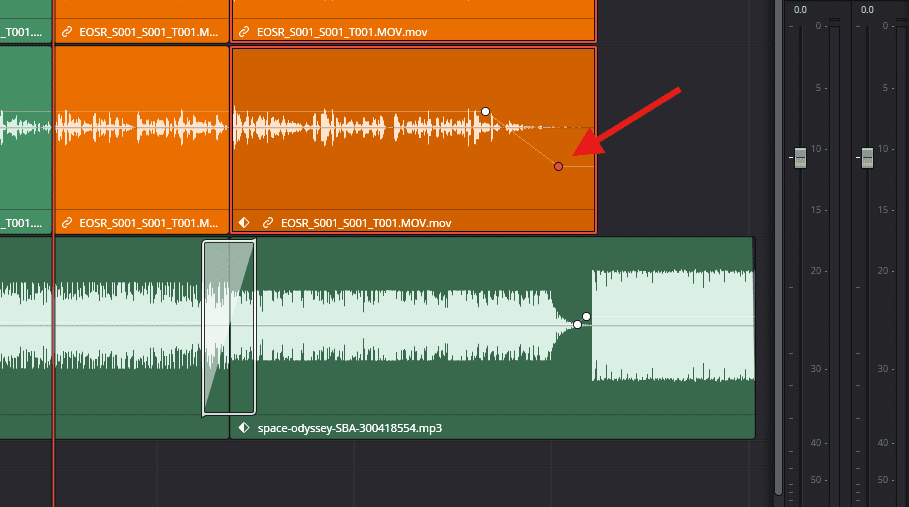 Screenshot of an audio fade created using a keyframe in DaVinci Resolve