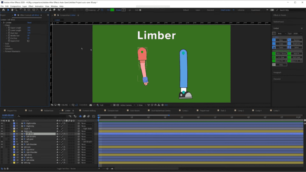 Screenshot of After Effects showing the Limber plugin features.