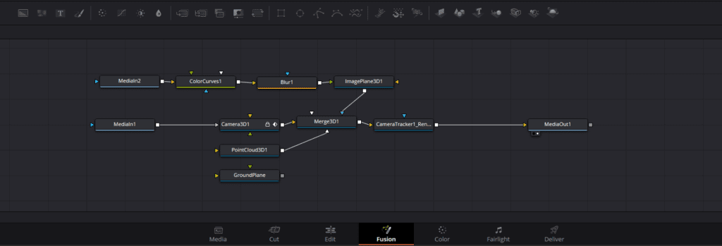 Example of DaVinci Resolve Fusion's node-based workflow.