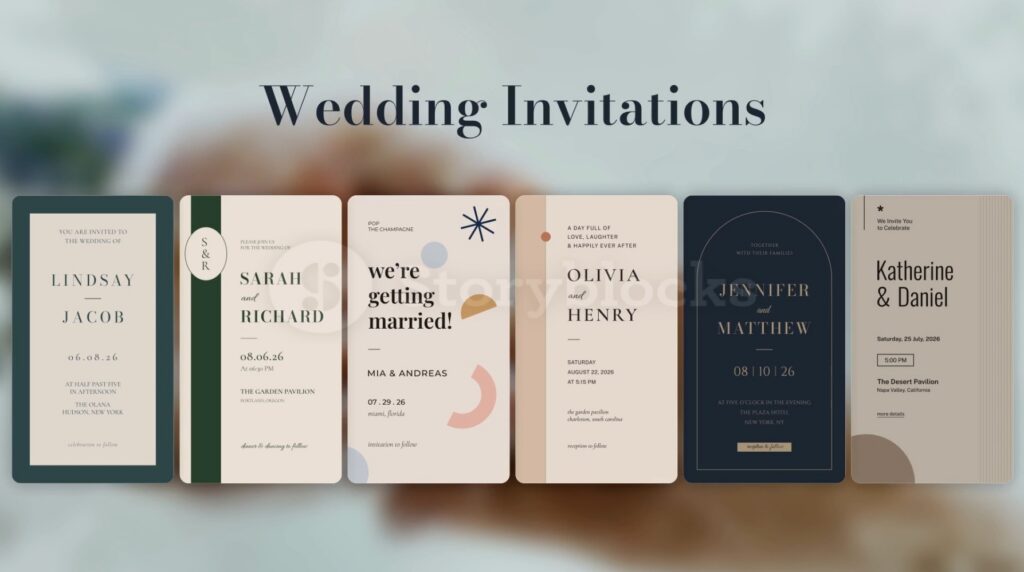Screenshot showing 6 different vertical wedding invitation templates you can use for video invites or social media.