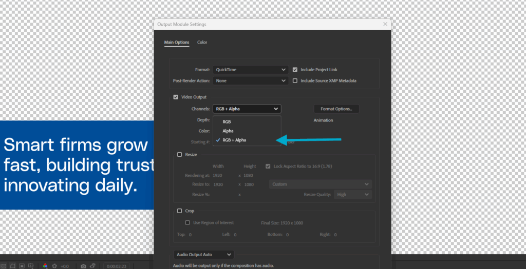 Screenshot showing the video output channel options for the output module settings in After Effects