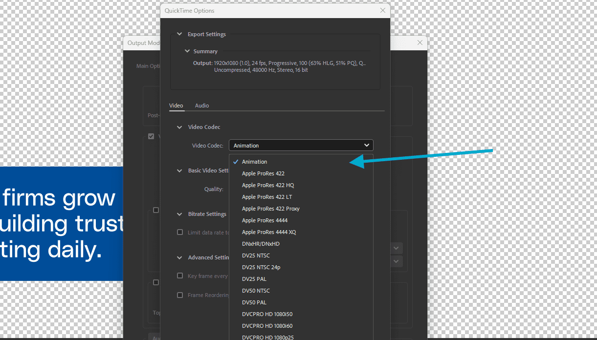 Screenshot showing the QuickTime options for the output module settings in After Effects