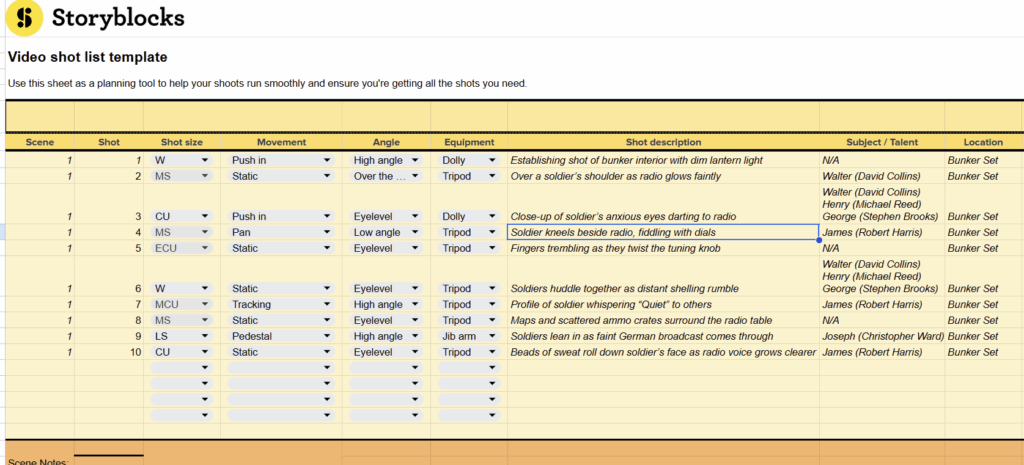 Screenshot of an example video shot list using the template