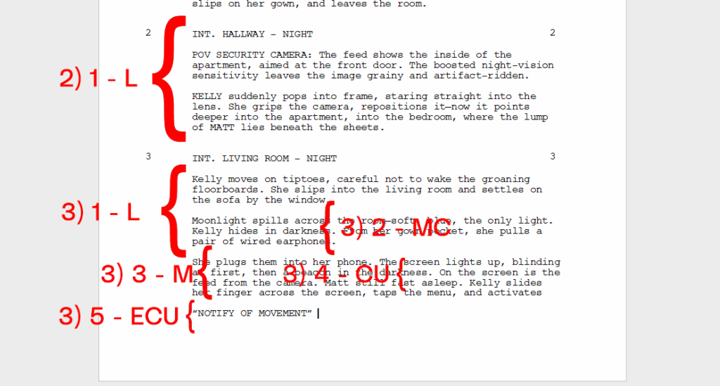 Example of how to mark up a script to identify shots and create a list