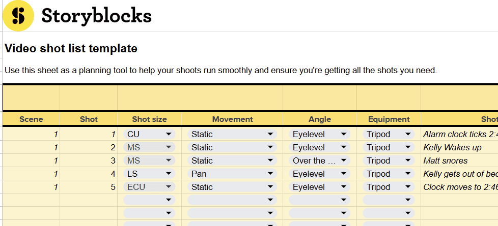 Screenshot showing an example of a video shot list