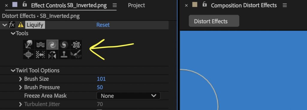 Screenshot showing the liquefy effect tool options in After Effects