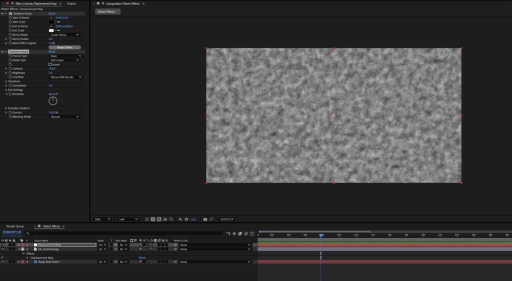 Screenshot showing the a displacement map with turbulent noise added in After Effects
