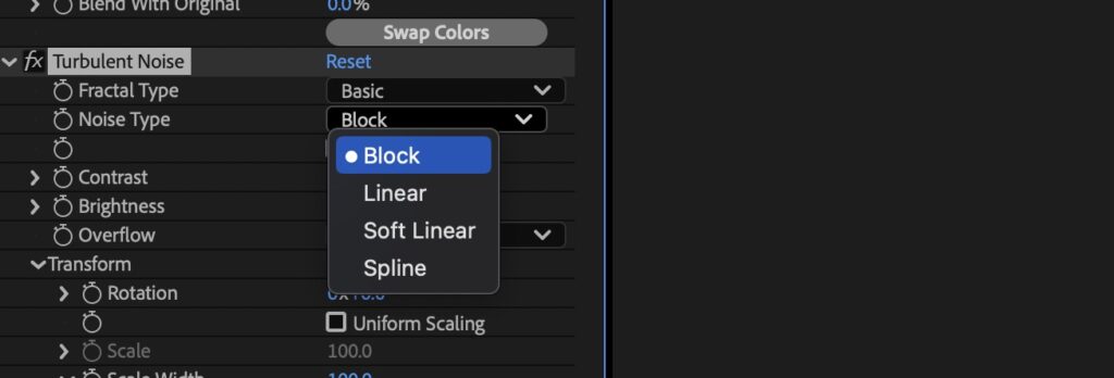Screenshot showing the Turbulent Noise options for Noise Type