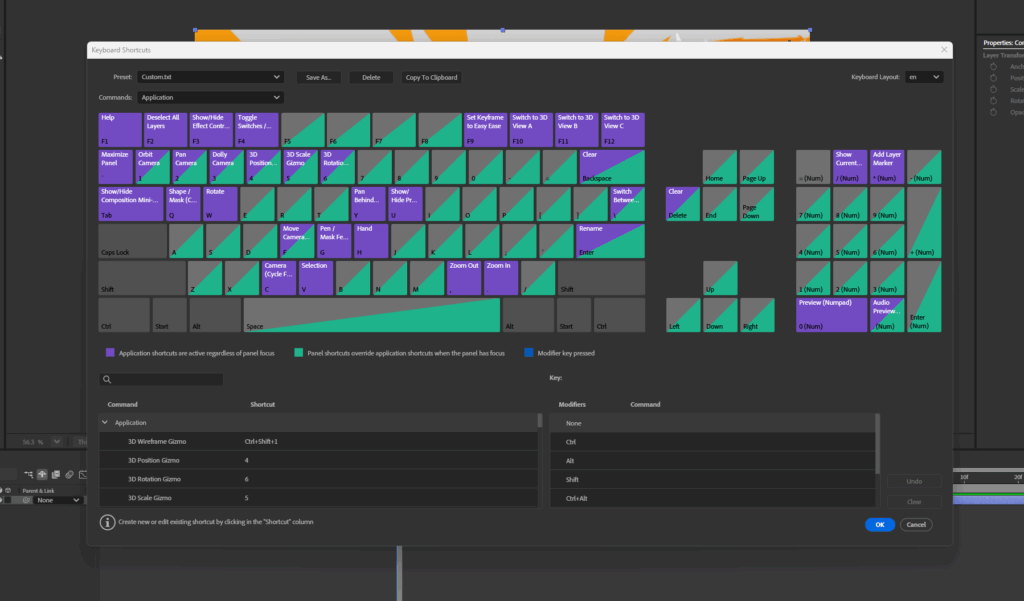 Screenshot of the Keyboard Shortcuts menu in After Effects