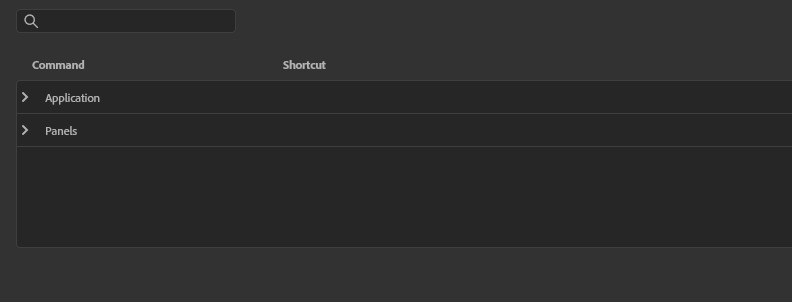 Screenshot of the Application and Panels sections in the Keyboard Shortcut menu in After Effects