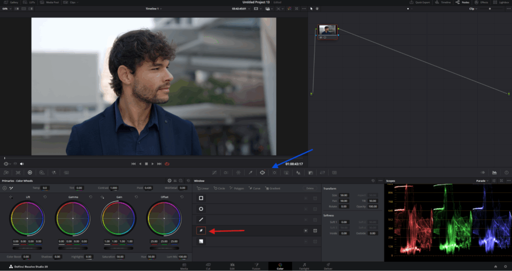 Screenshot of the Power Window panel in DaVinci Resolve's Color page with the pen tool highlighted with a blue arrow