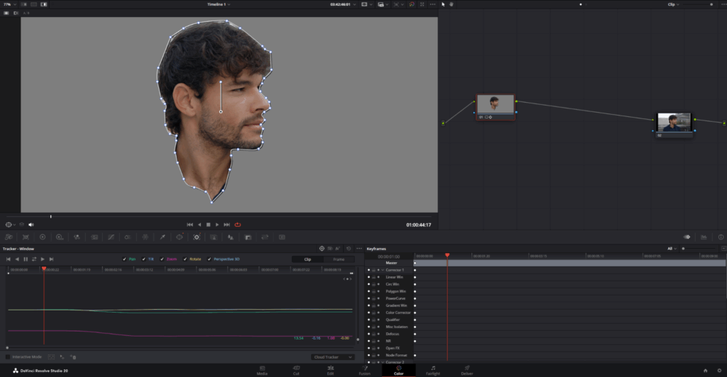 Screenshot showing a masked object using a Power Window and Pen tool in DaVinci Resolve with a parallel node applied