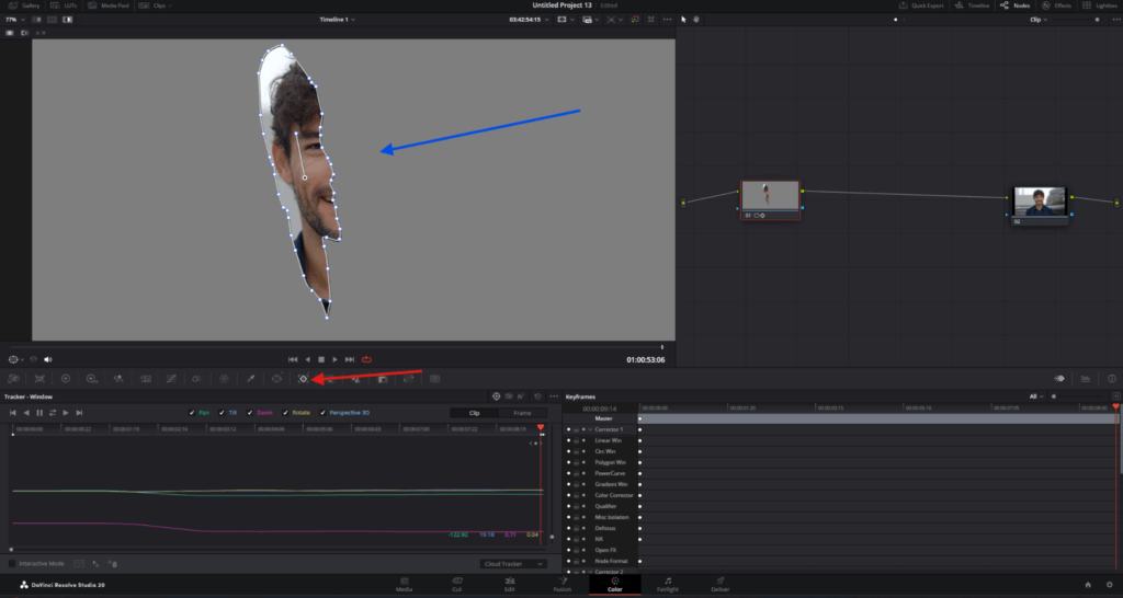 Screenshot showing a power window mask tracked onto a subject in DaVinci Resolve