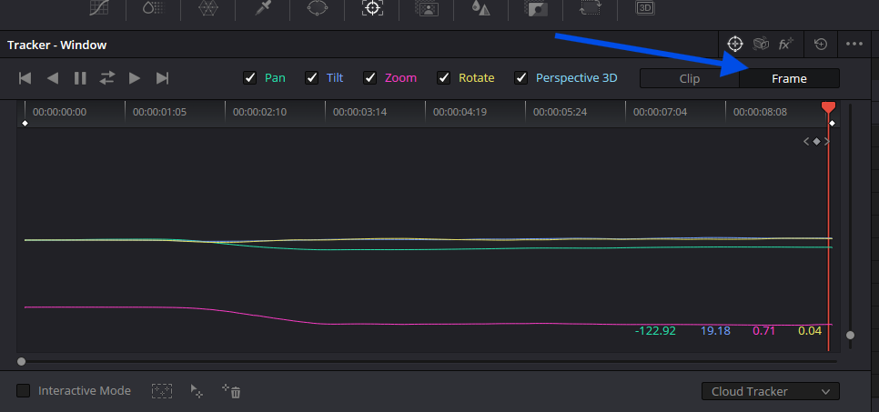 Screenshot showing the Tracker window in DaVinci Resolve with a blue arrow highlighting the Frame mode selection