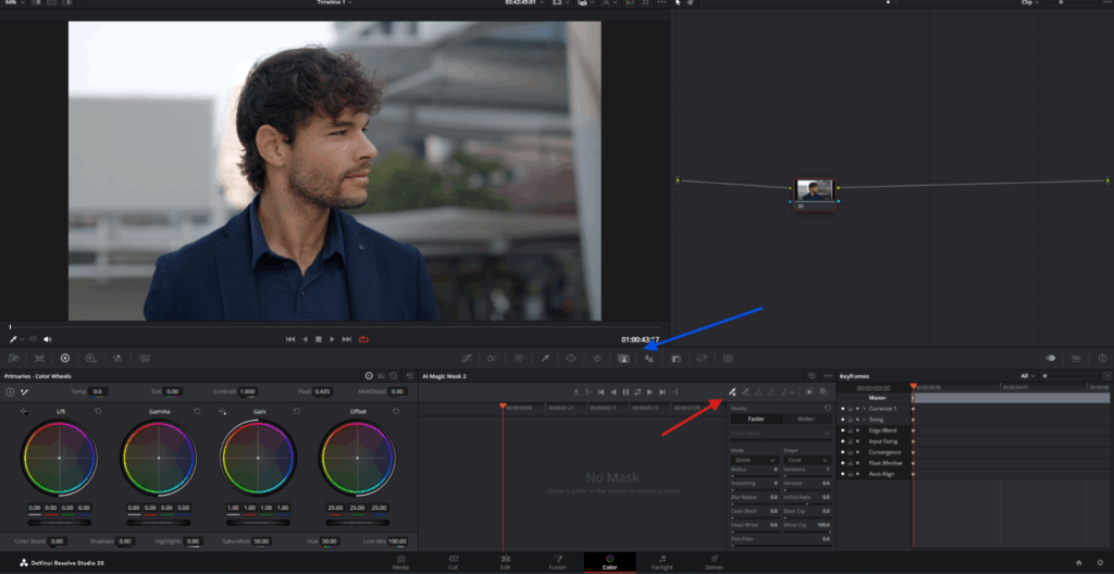 Screenshot showing the AI Magic Mask window in DaVinci Resolve with the eyedropper tool highlighted with a red arrow