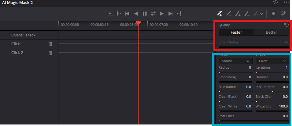 Screenshot showing the parameters available for AI Magic Mask in DaVinci Resolve