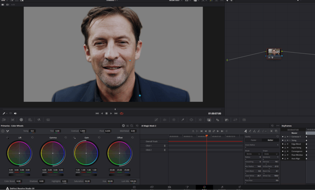 Screenshot showing a tracked masked subject created using AI Magic Mask as a way to rotoscope in DaVinci Resolve