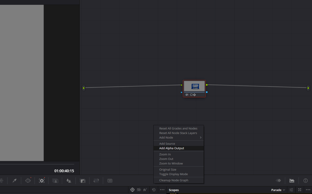 Screenshot showing a node in DaVinci Resolve with a drop-down menu highlighting Add Alpha Output