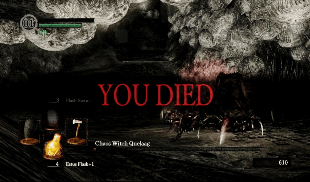 Image showing the end screen from the video game Dark Souls, with an uppercase red serif font in the middle that says YOU DIED